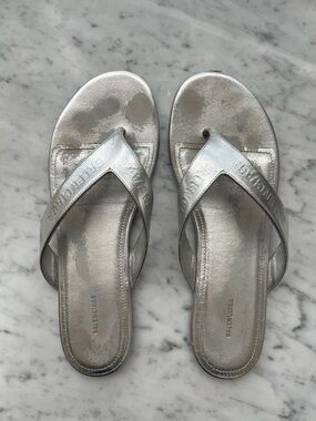 Balenciaga Silver Metallic Thong Sandals, 37